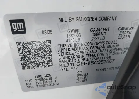 2025 Chevrolet Trax Fwd 1Rs z USA, uszkodzony, nr VIN KL77LGEP9SC251067